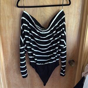 Ramy Brook Black and White Striped Bodysuit with Cowl Neck